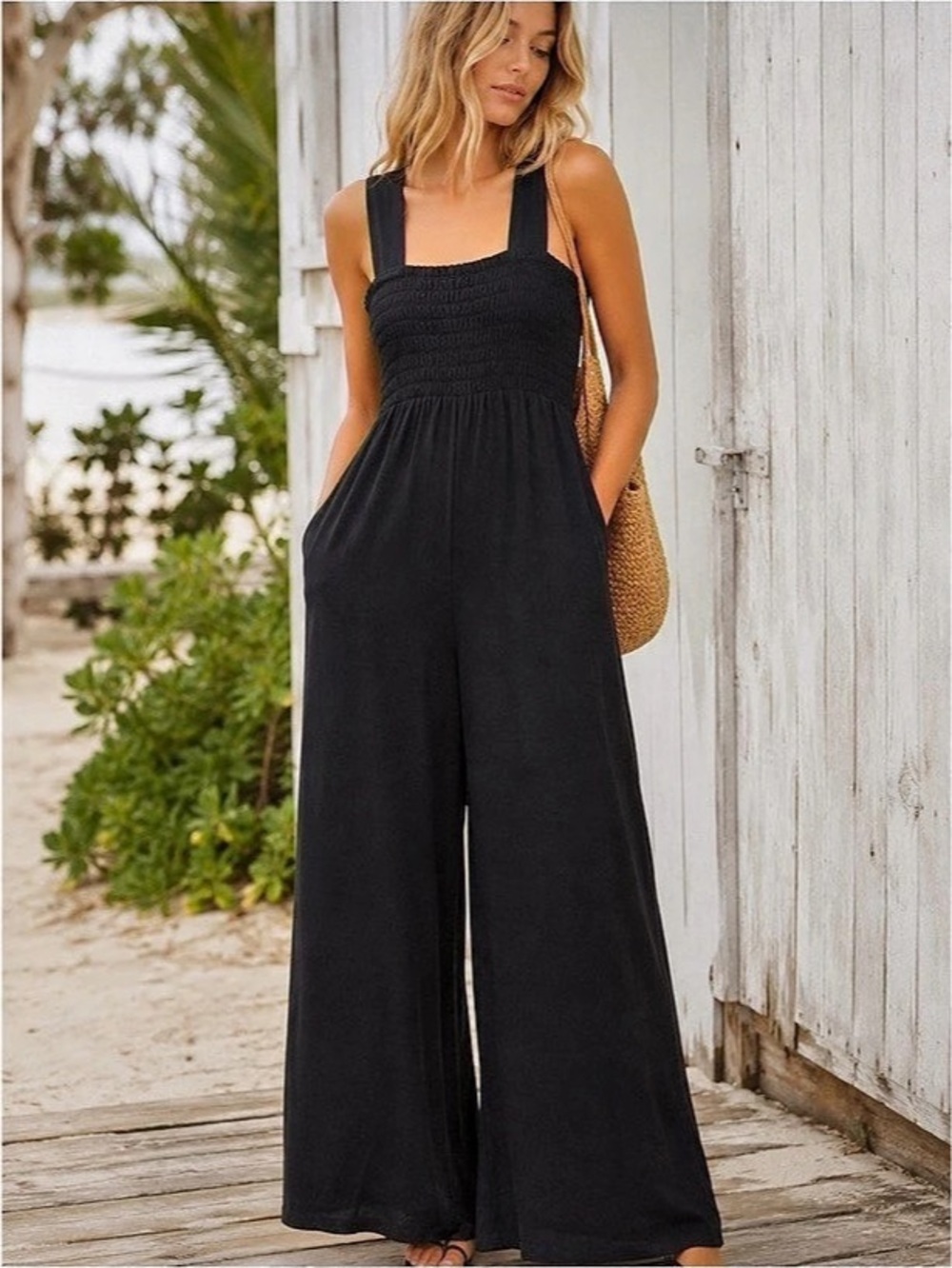 Free People Homecoming Jumpsuit Black Smocked Wide-Leg Size large